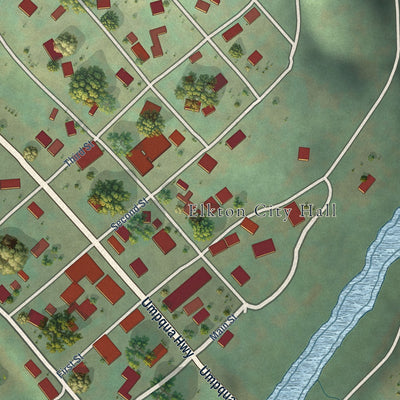 Close-up of the map of Elkton, Oregon print showing street and building detail