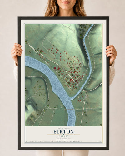 Map of Elkton, Oregon, 24 x 36 inch print in a black wood frame