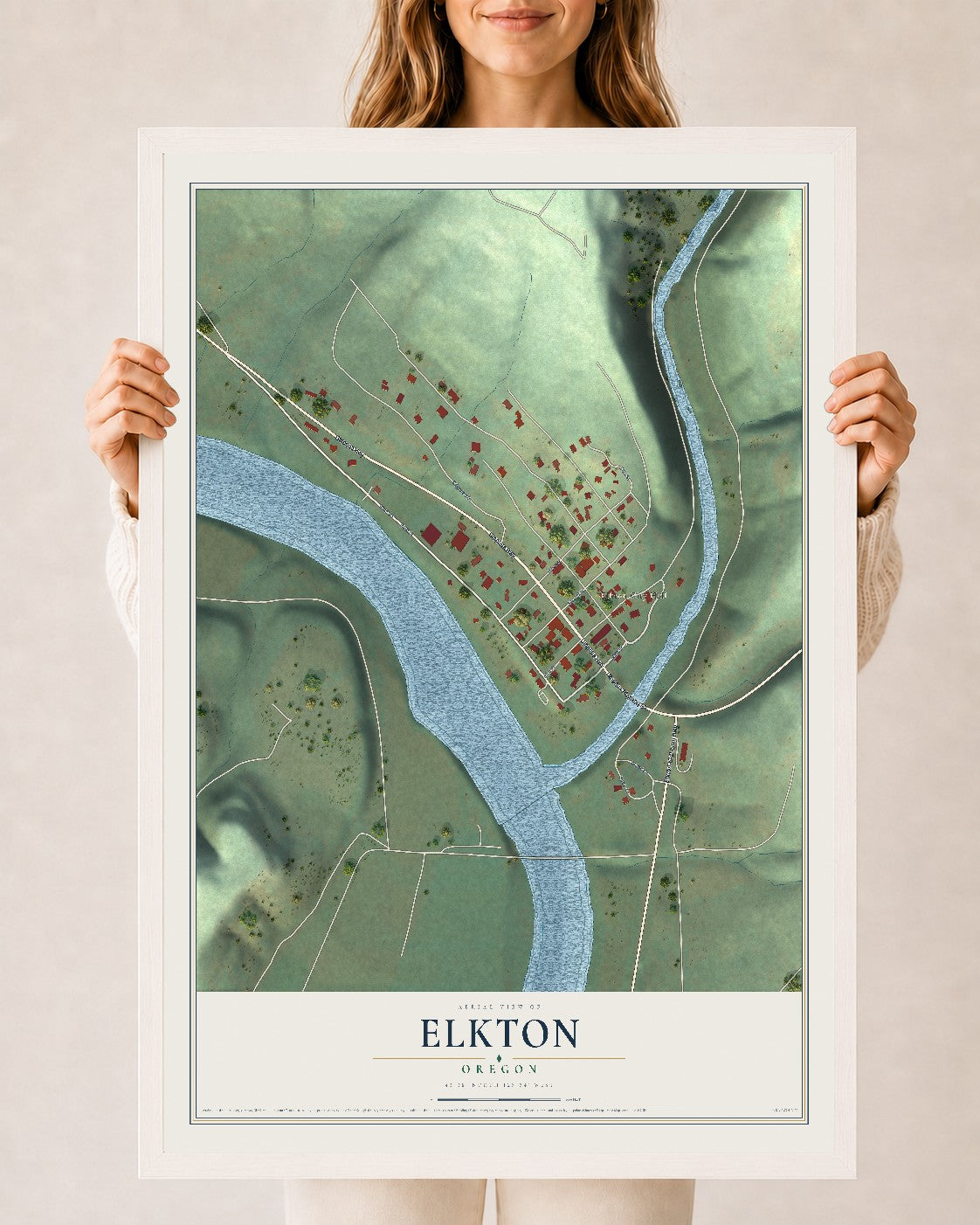 Map of Elkton, Oregon, 24 x 36 inch print in a white wood frame