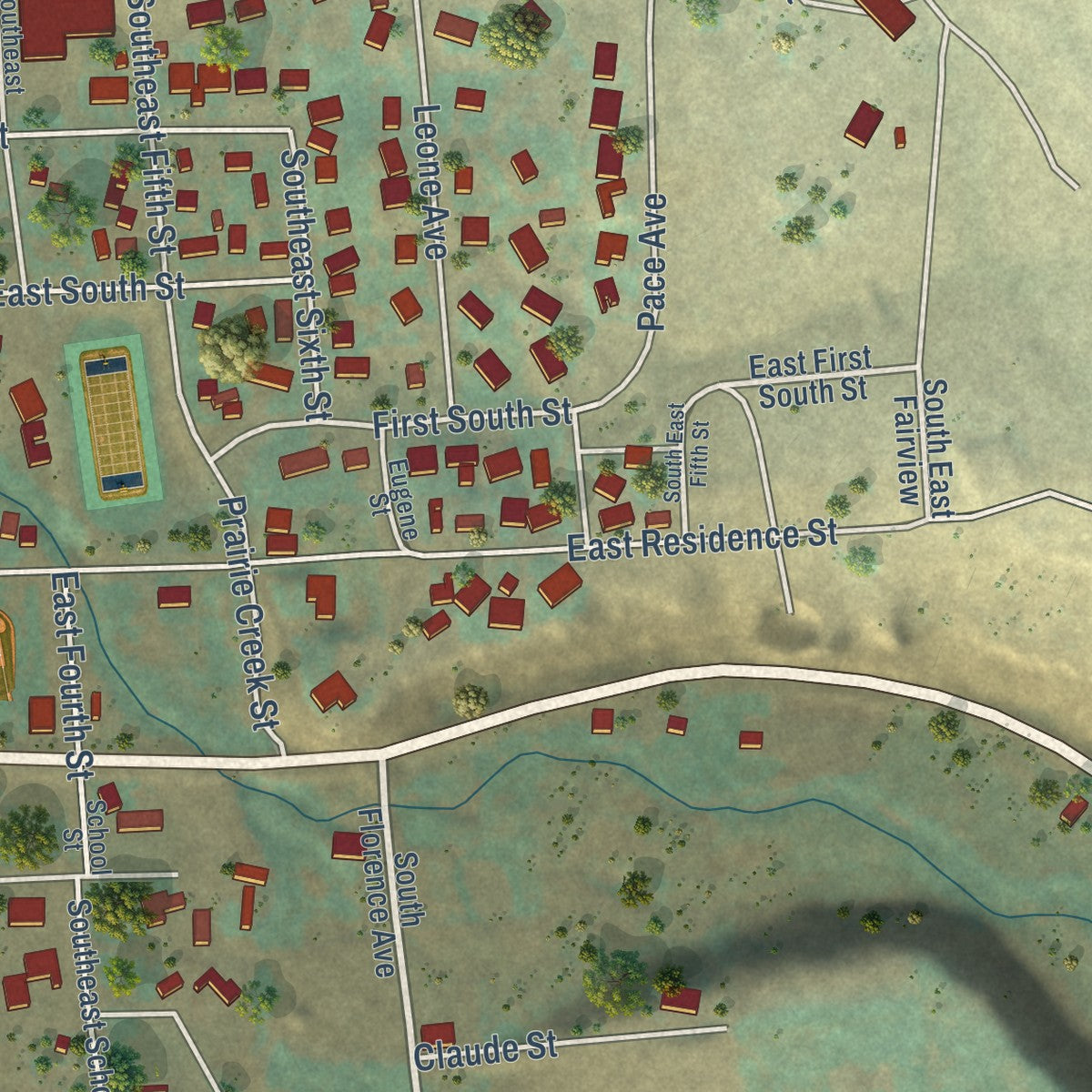 Second close-up of the map of Enterprise, Oregon print showing more streets and buildings