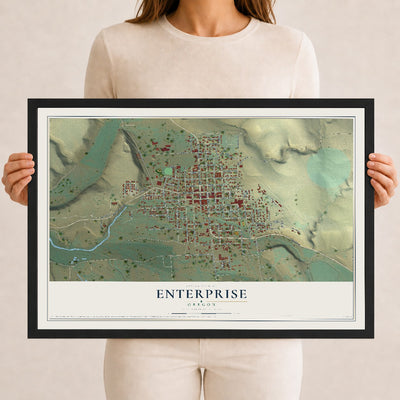 Map of Enterprise, Oregon, 12 x 18 inch print in a black wood frame