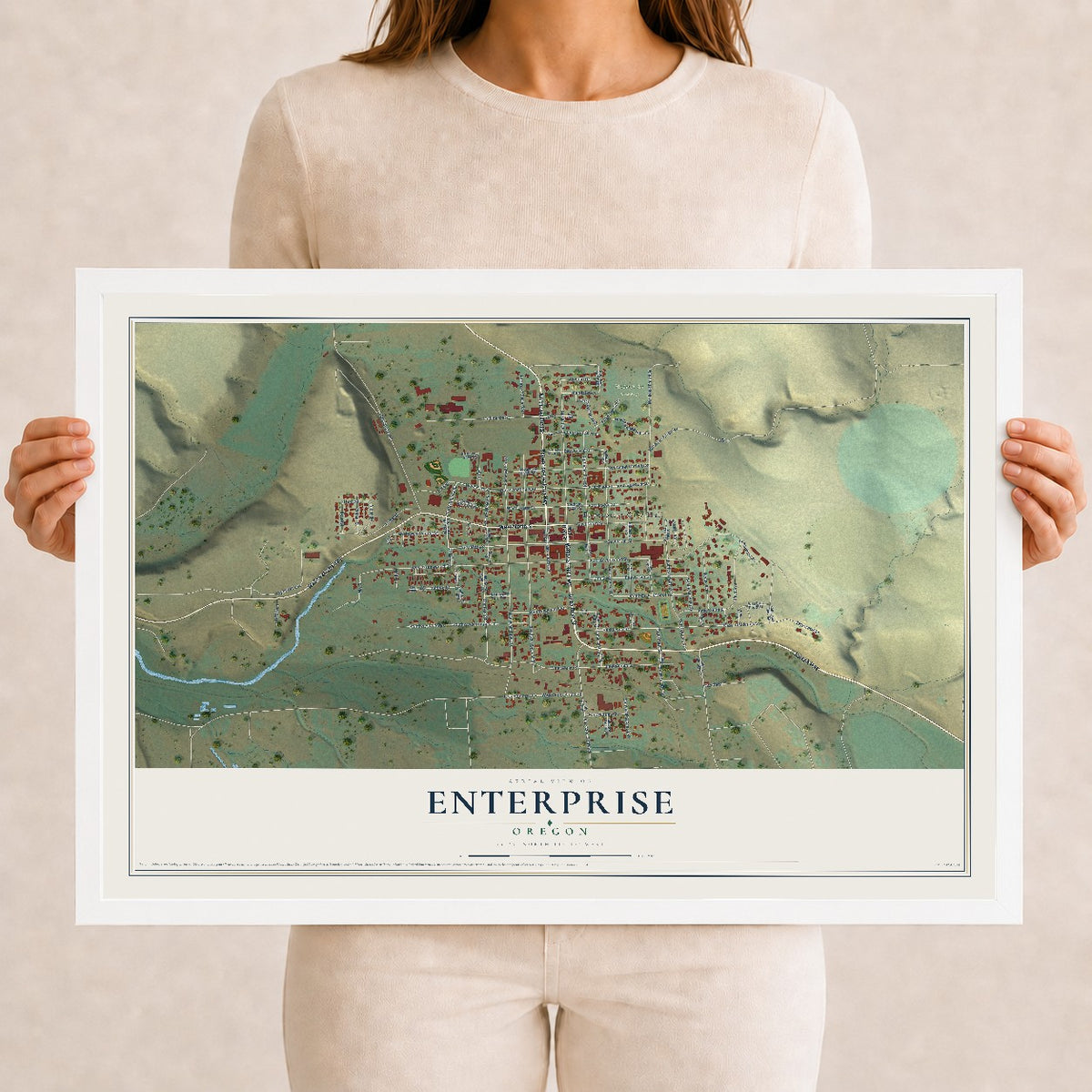 Map of Enterprise, Oregon, 12 x 18 inch print in a white wood frame