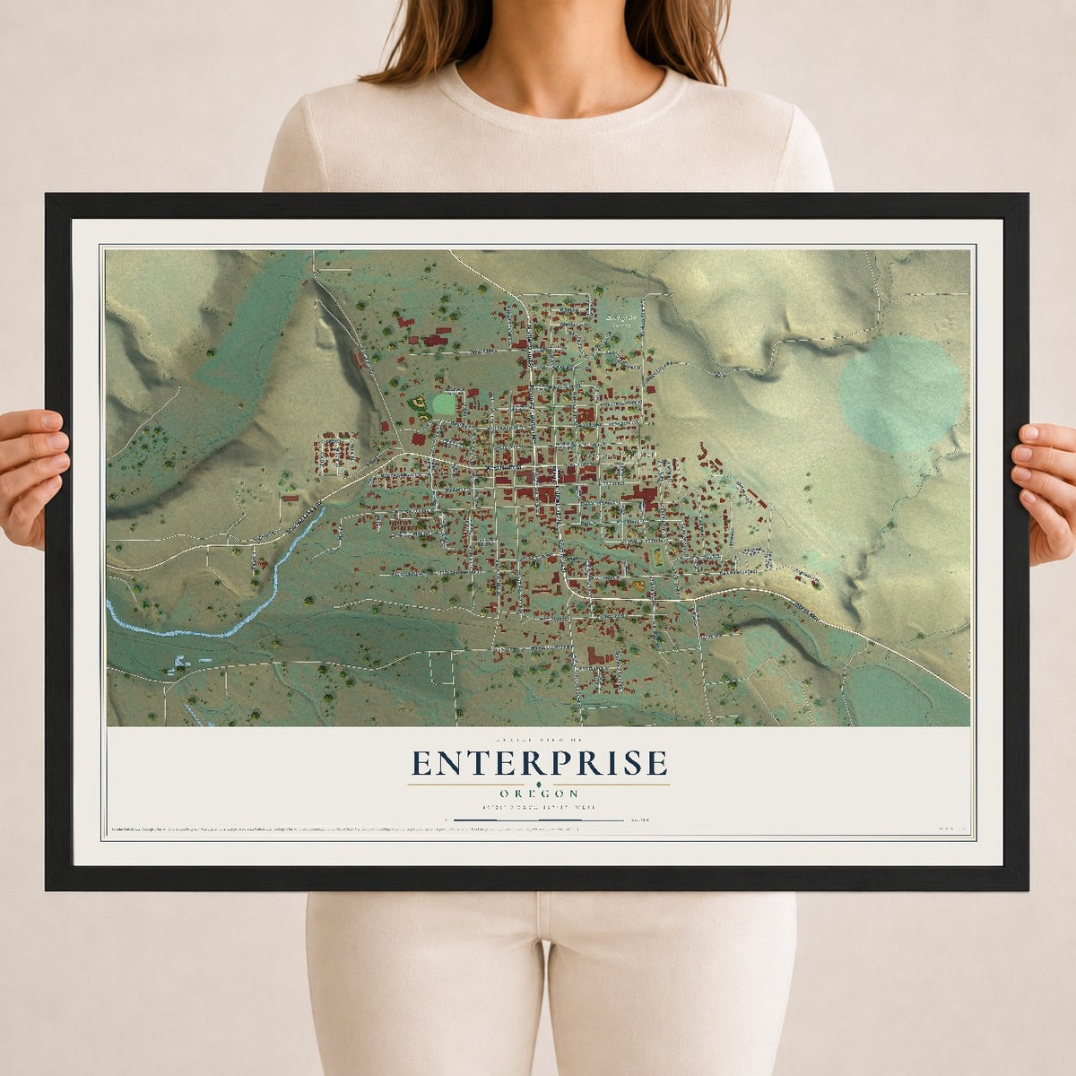 Map of Enterprise, Oregon, 18 x 24 inch print in a black wood frame