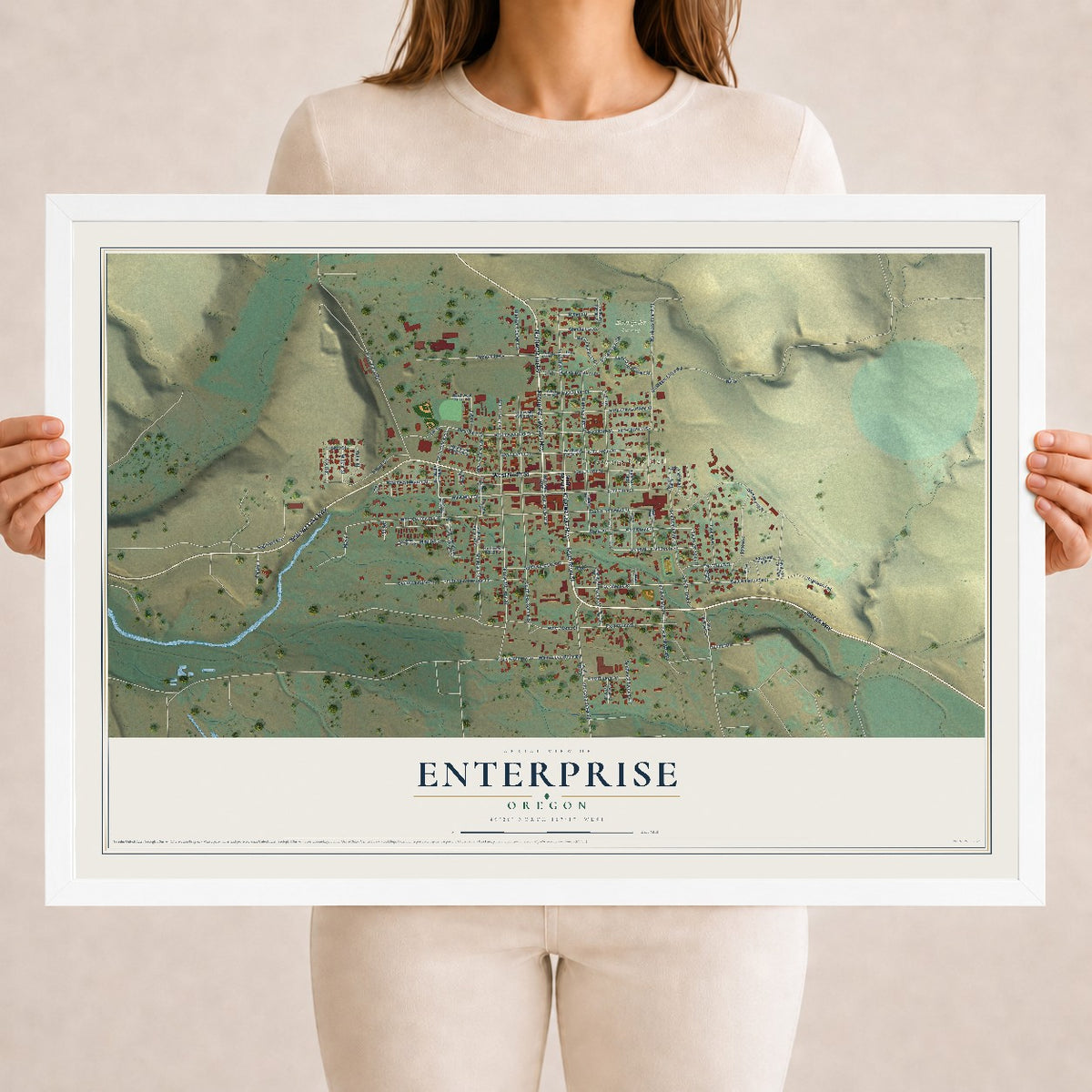 Map of Enterprise, Oregon, 18 x 24 inch print in a white wood frame