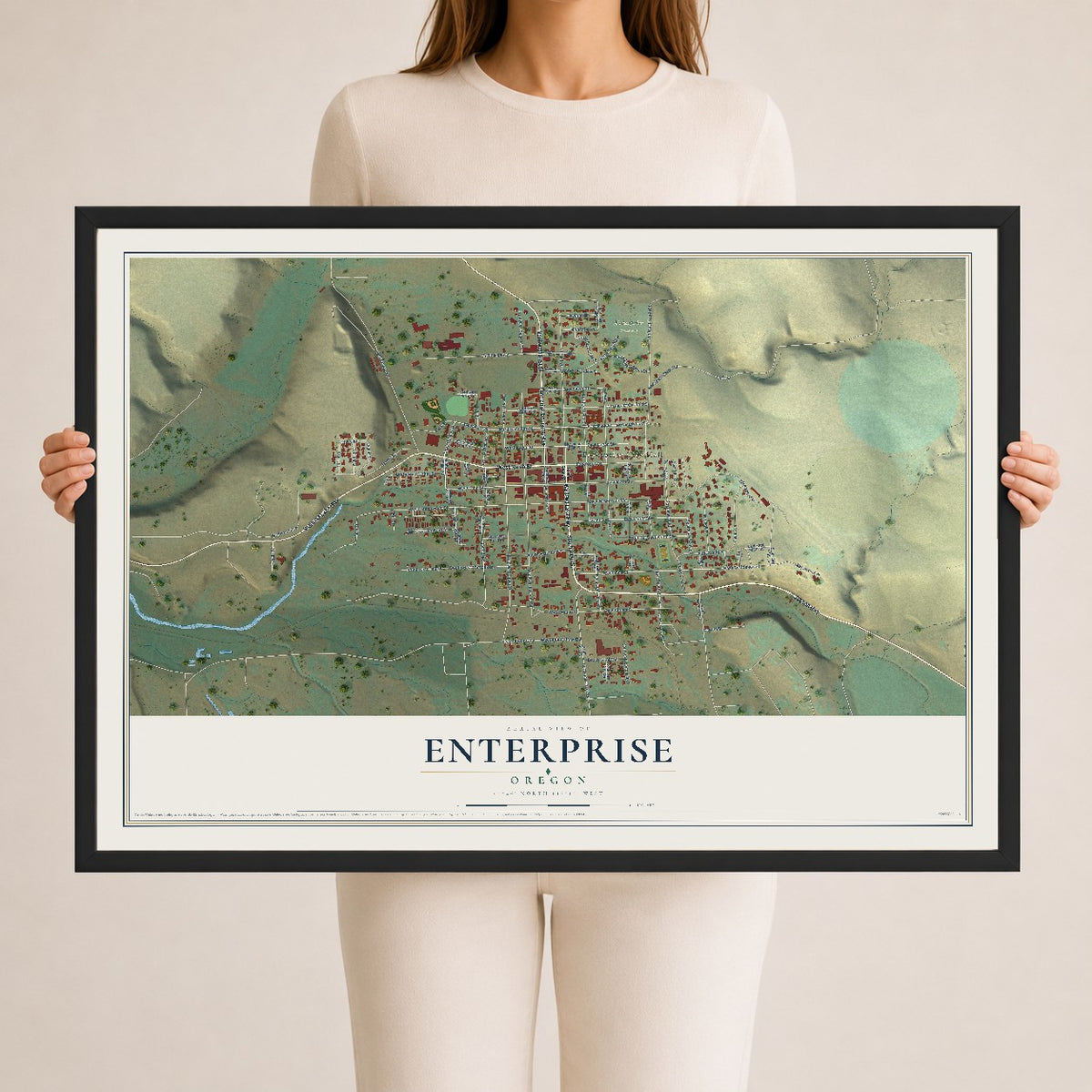 Map of Enterprise, Oregon, 24 x 36 inch print in a black wood frame