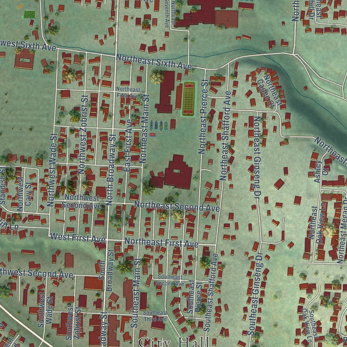 Close-up of the map of Estacada, Oregon print showing street and building detail