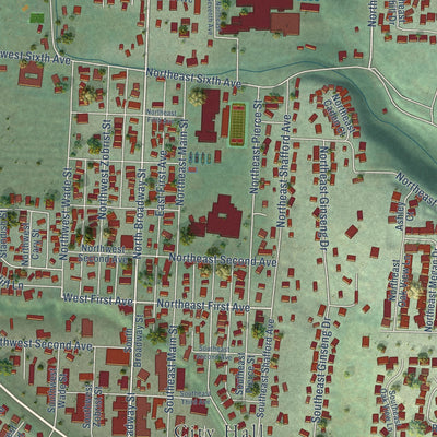 Close-up of the map of Estacada, Oregon print showing street and building detail