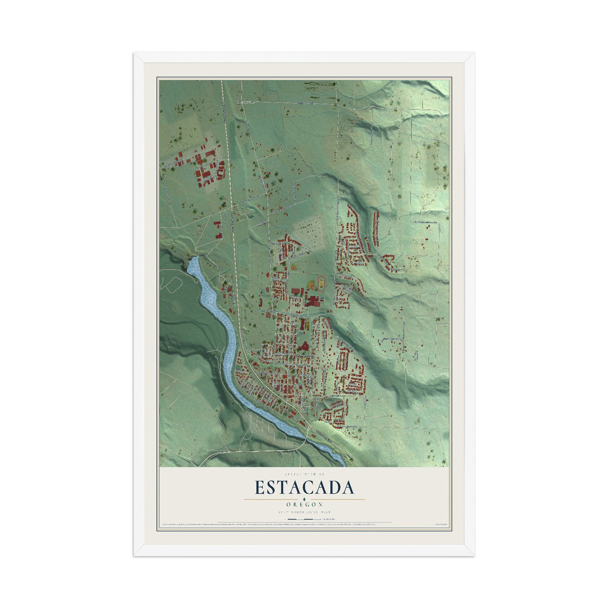 Map of Estacada, Oregon, 12 x 18 inch print in a white wood frame