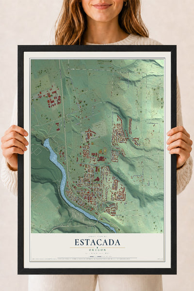 Map of Estacada, Oregon, 18 x 24 inch print in a black wood frame