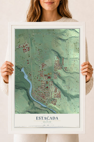 Map of Estacada, Oregon, 18 x 24 inch print in a white wood frame