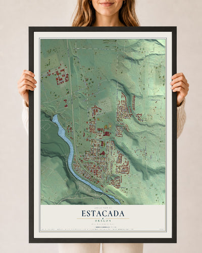 Map of Estacada, Oregon, 24 x 36 inch print in a black wood frame