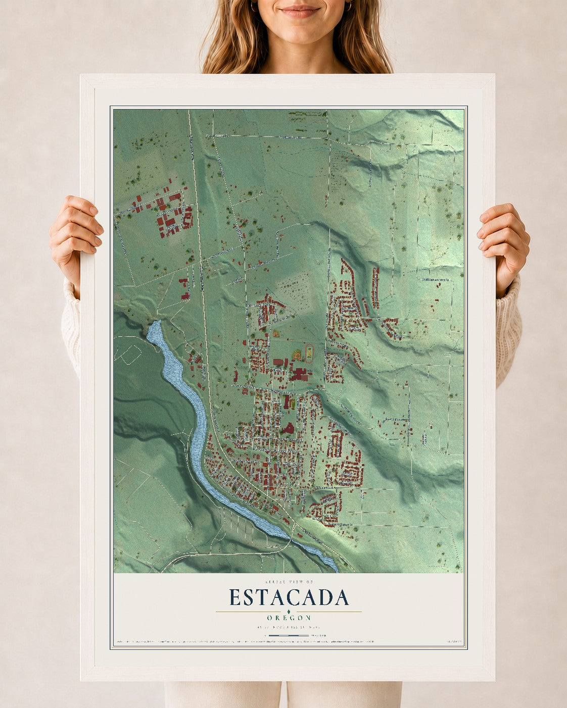 Map of Estacada, Oregon, 24 x 36 inch print in a white wood frame