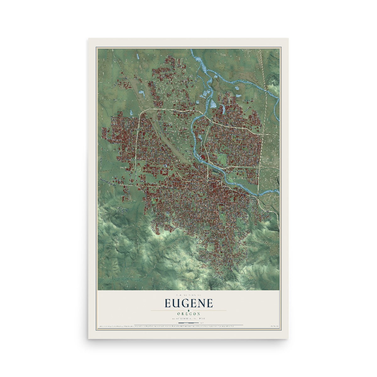 Map of Eugene, Oregon, 12 x 18 inch unframed archival matte print