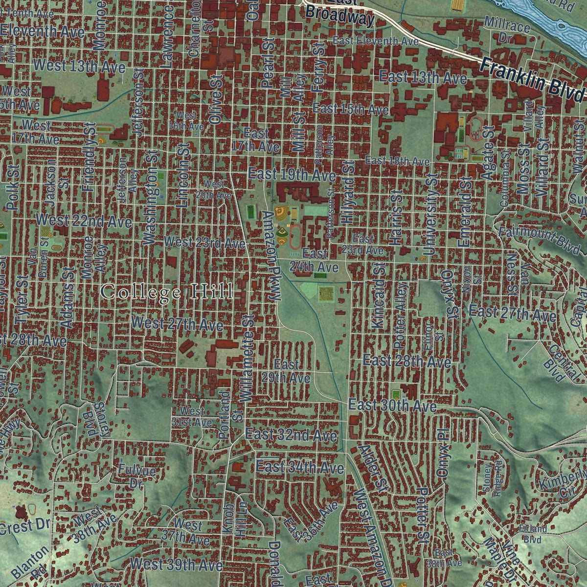 Close-up of the map of Eugene, Oregon print showing street and building detail