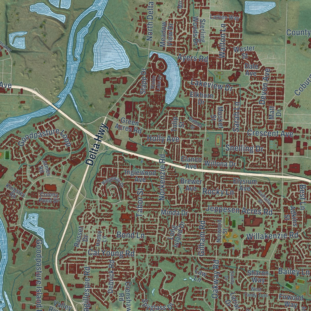 Second close-up of the map of Eugene, Oregon print showing more streets and buildings