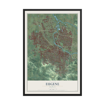 Map of Eugene, Oregon, 12 x 18 inch print in a black wood frame