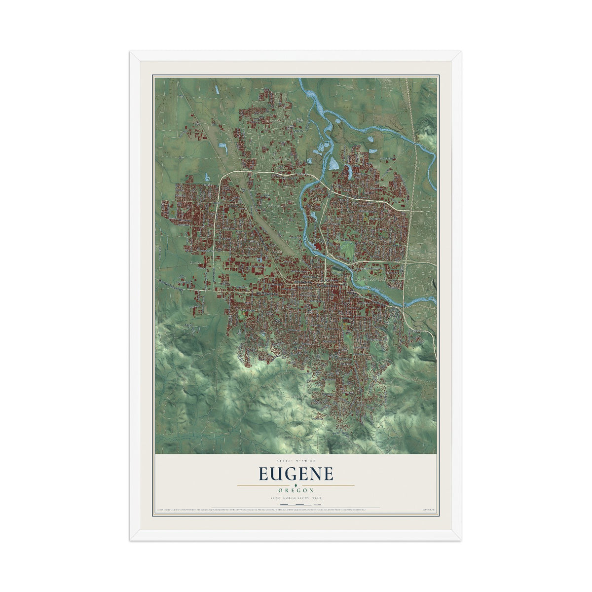 Map of Eugene, Oregon, 12 x 18 inch print in a white wood frame