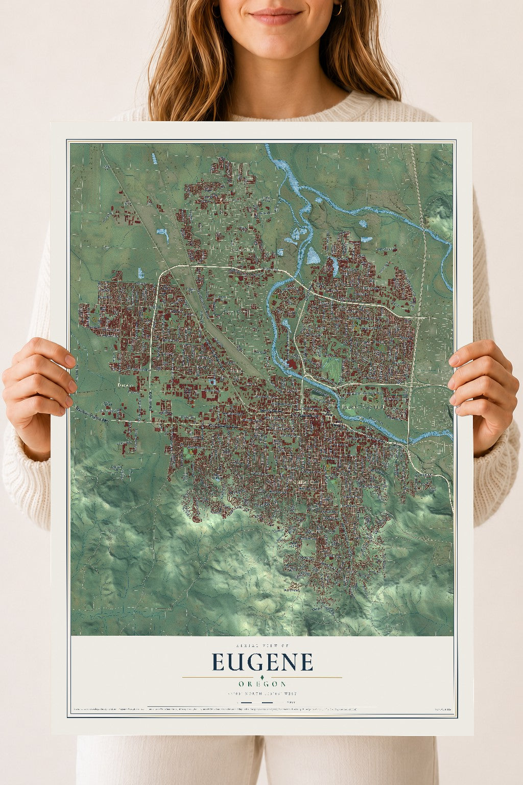 Map of Eugene, Oregon, 18 x 24 inch unframed archival matte print
