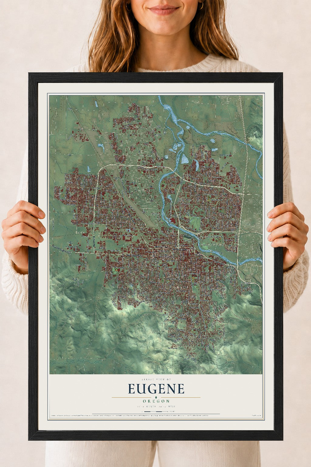Map of Eugene, Oregon, 18 x 24 inch print in a black wood frame