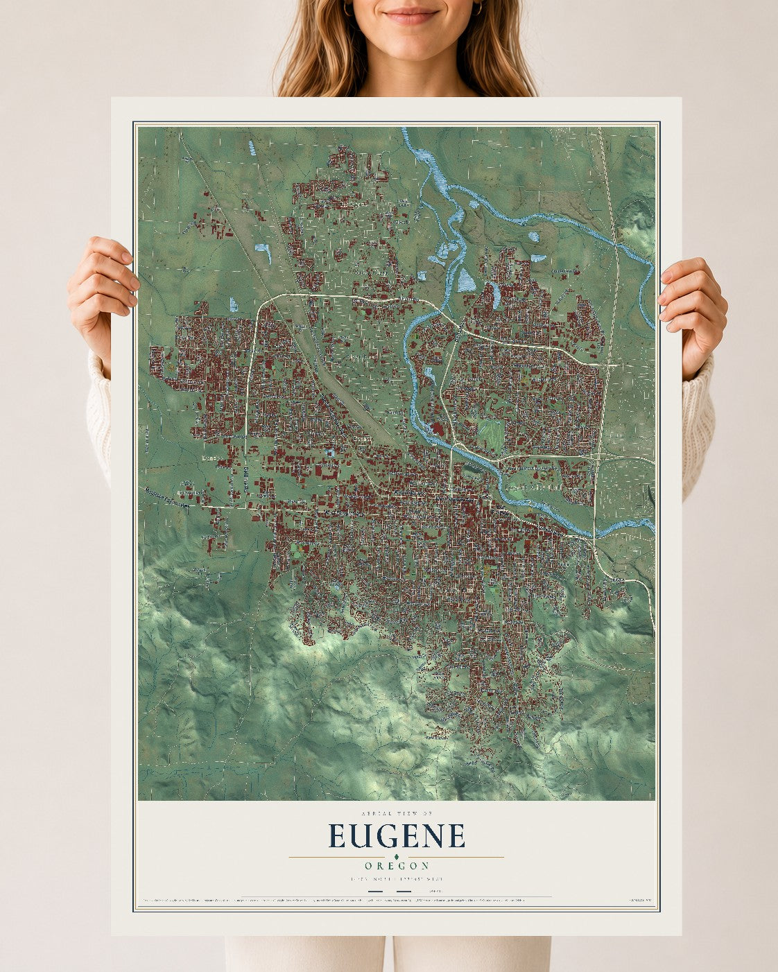 Map of Eugene, Oregon, 24 x 36 inch unframed archival matte print