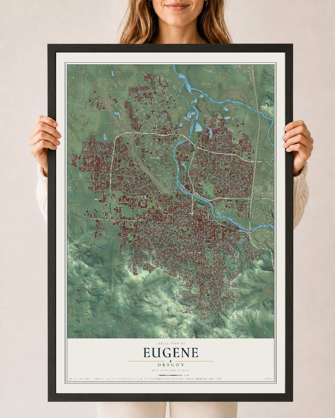 Map of Eugene, Oregon, 24 x 36 inch print in a black wood frame