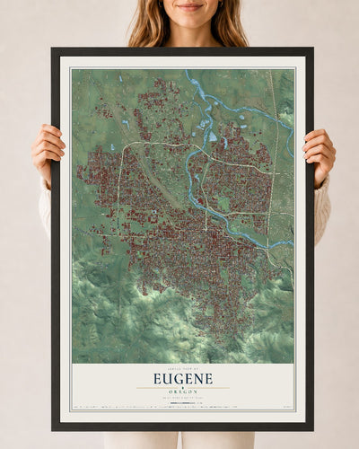Map of Eugene, Oregon, 24 x 36 inch print in a black wood frame