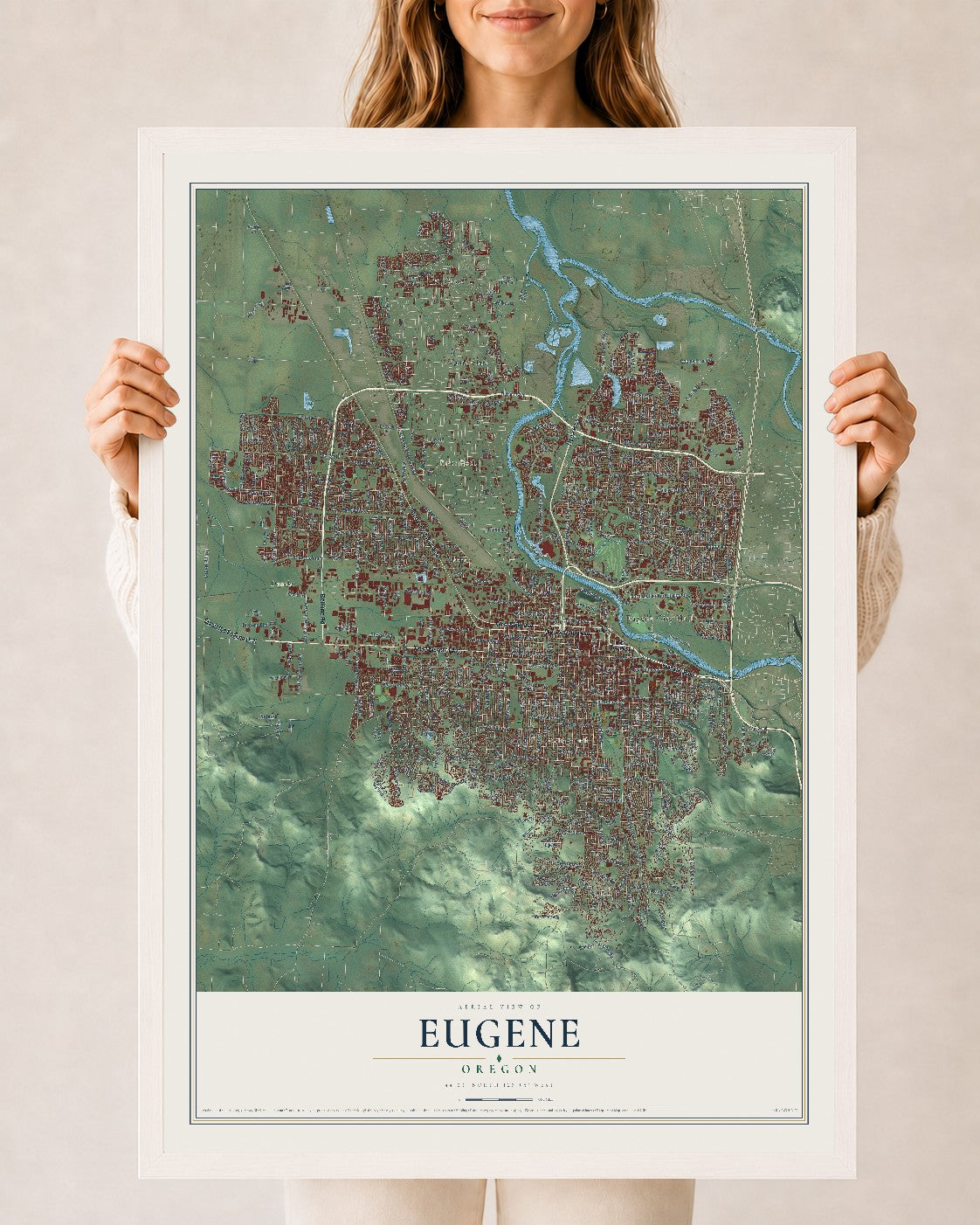 Map of Eugene, Oregon, 24 x 36 inch print in a white wood frame