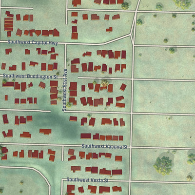 Close-up of the map of Far Southwest, Oregon print showing street and building detail
