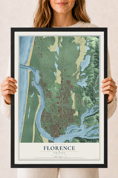Map of Florence, Oregon, 18 x 24 inch print in a black wood frame