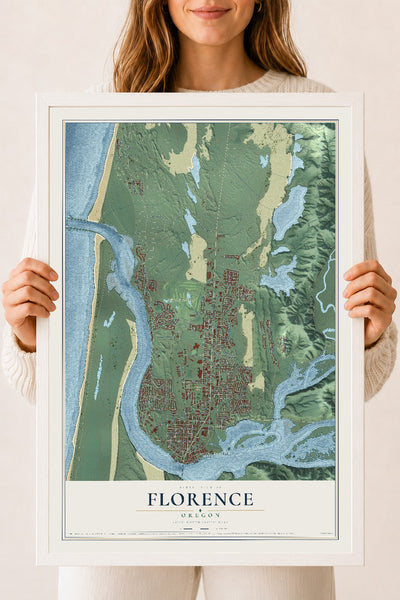 Map of Florence, Oregon, 18 x 24 inch print in a white wood frame