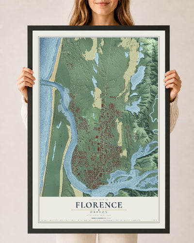 Map of Florence, Oregon, 24 x 36 inch print in a black wood frame