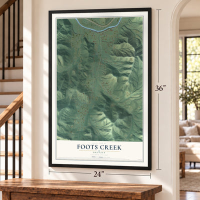 Foots Creek, Oregon map, 24 x 36 inch print in a black frame by a staircase
