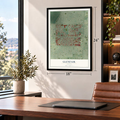 Glenfair, Oregon map, 18 x 24 inch print in a black frame in a home office