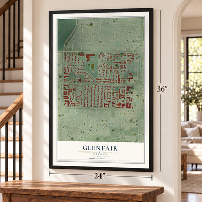Glenfair, Oregon map, 24 x 36 inch print in a black frame by a staircase