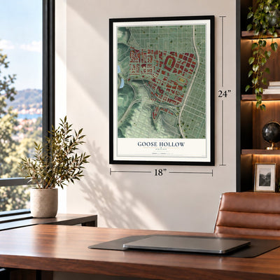 Goose Hollow, Oregon map, 18 x 24 inch print in a black frame in a home office
