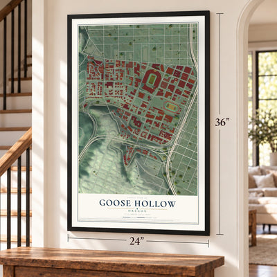 Goose Hollow, Oregon map, 24 x 36 inch print in a black frame by a staircase