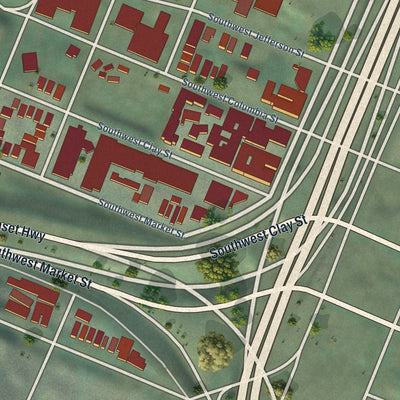 Close-up of the map of Goose Hollow, Oregon print showing street and building detail