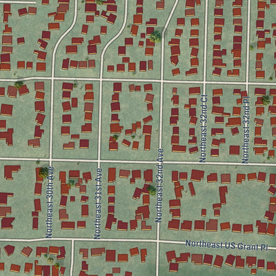 Close-up of the map of Grant Park, Oregon print showing street and building detail
