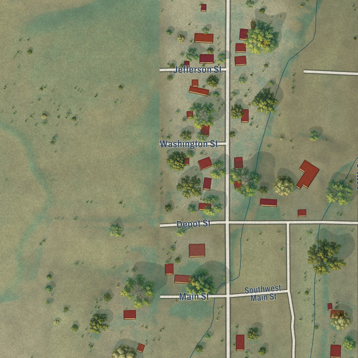 Second close-up of the map of Grass Valley, Oregon print showing more streets and buildings