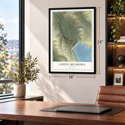 Green Meadows, Oregon map, 18 x 24 inch print in a black frame in a home office