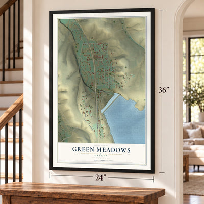 Green Meadows, Oregon map, 24 x 36 inch print in a black frame by a staircase