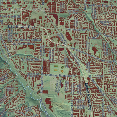 Close-up of the map of Gresham, Oregon print showing street and building detail