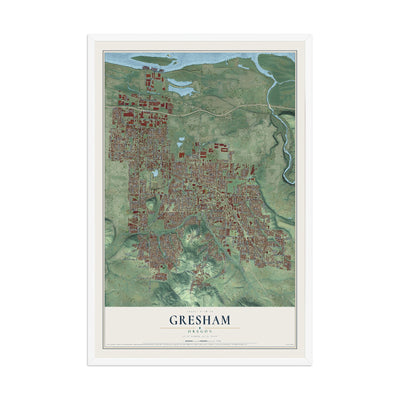Map of Gresham, Oregon, 12 x 18 inch print in a white wood frame