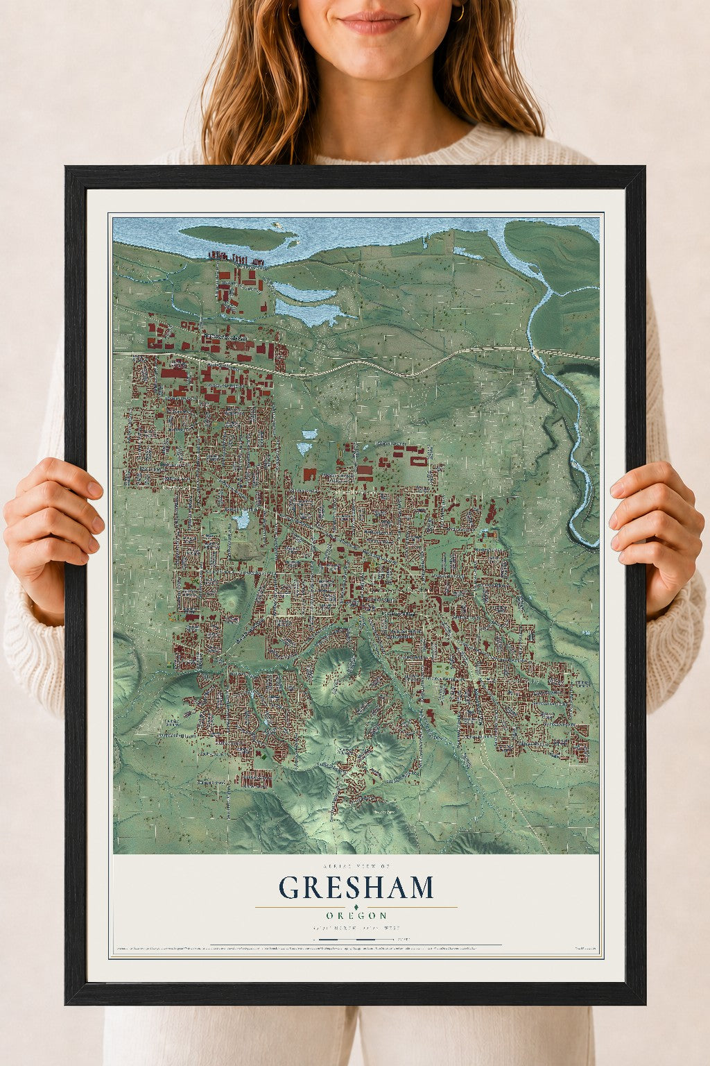 Map of Gresham, Oregon, 18 x 24 inch print in a black wood frame
