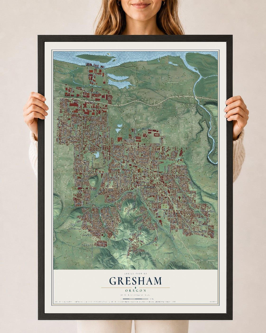 Map of Gresham, Oregon, 24 x 36 inch print in a black wood frame