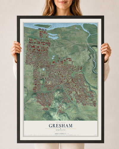 Map of Gresham, Oregon, 24 x 36 inch print in a black wood frame