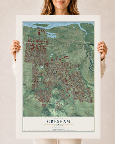 Map of Gresham, Oregon, 24 x 36 inch print in a white wood frame