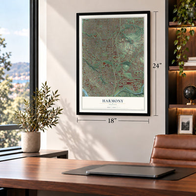 Harmony, Oregon map, 18 x 24 inch print in a black frame in a home office
