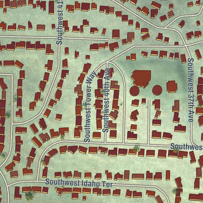 Close-up of the map of Hayhurst, Oregon print showing street and building detail