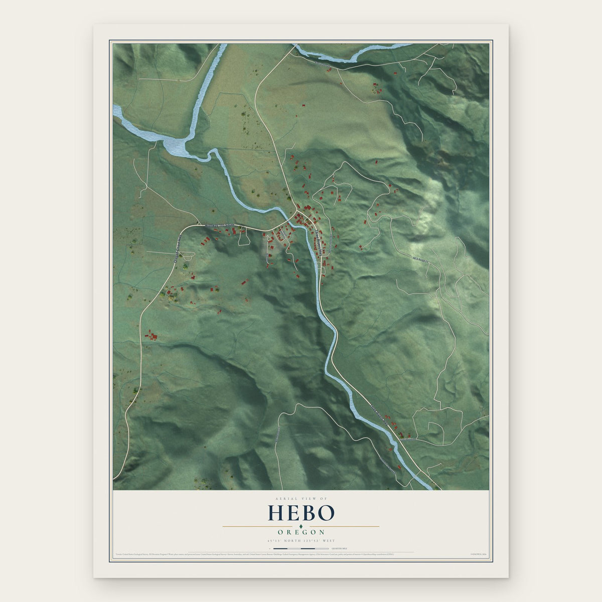 Hebo, Oregon map print, the full design